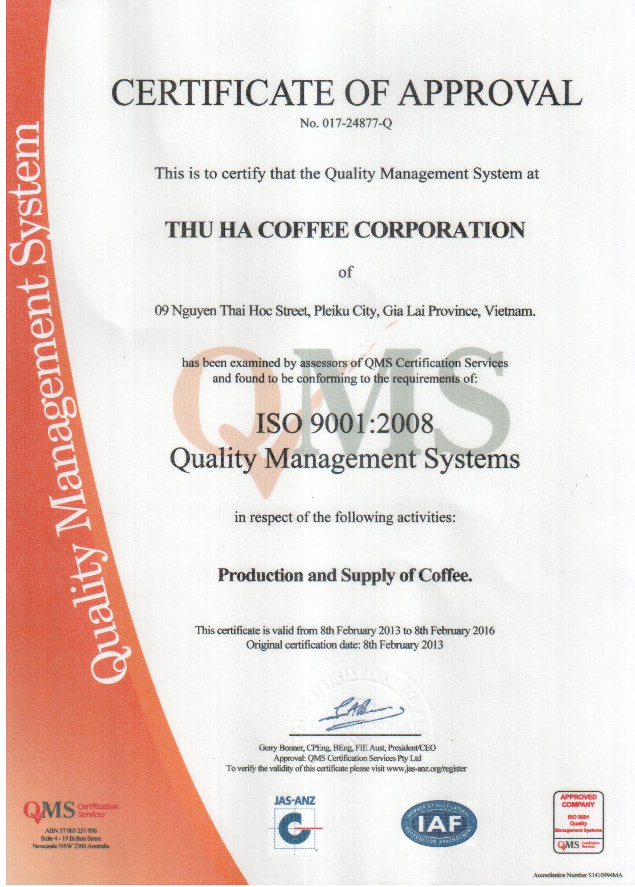 ISO 9001:2008 - Cà Phê Thu Hà - Công Ty Cổ Phần Cà Phê Thu Hà