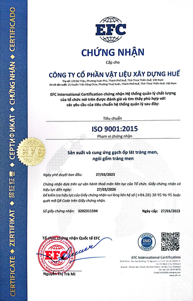 Chứng nhận ISO 9001:2015 - Cơ Sở Sản Xuất Ngói Gốm Cổ Huế - Ngói Lưu Ly