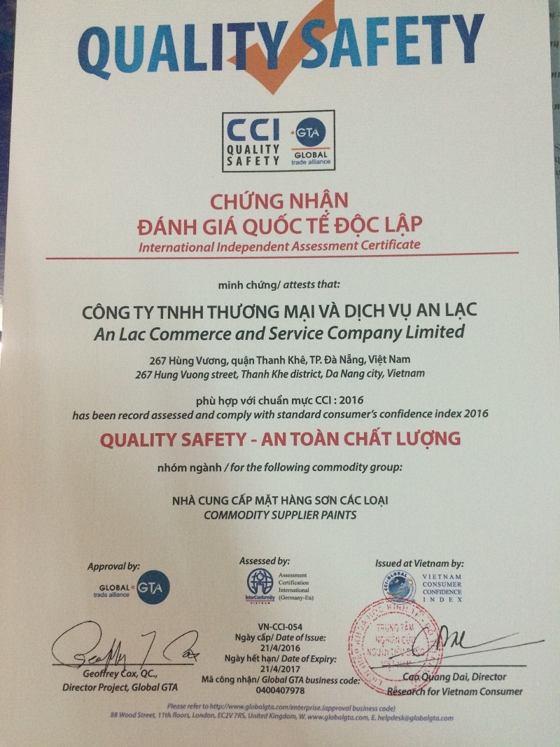 Chứng nhận an toàn chất lượng - Sơn An Lạc - Công Ty TNHH Thương Mại Và Dịch Vụ An Lạc