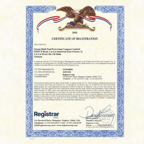 Chứng nhận đăng ký FDA - Nước Giải Khát Quang Minh - Công Ty TNHH Chế Biến Thực Phẩm Quang Minh