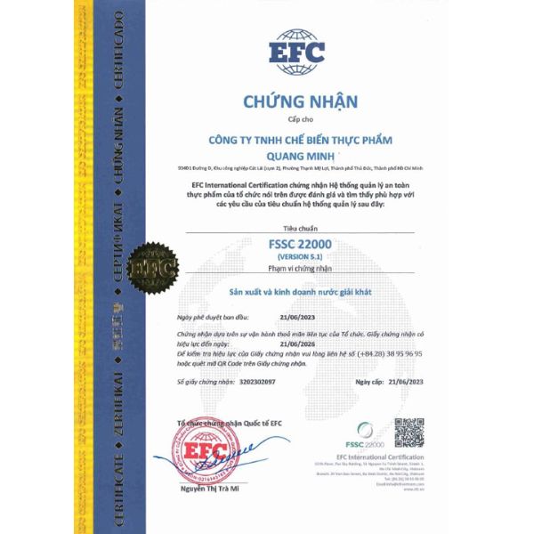 Chứng nhận FSSC 22000 - Nước Giải Khát Quang Minh - Công Ty TNHH Chế Biến Thực Phẩm Quang Minh