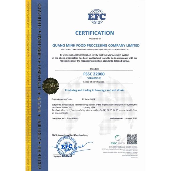 Chứng nhận FSSC 22000 - Nước Giải Khát Quang Minh - Công Ty TNHH Chế Biến Thực Phẩm Quang Minh