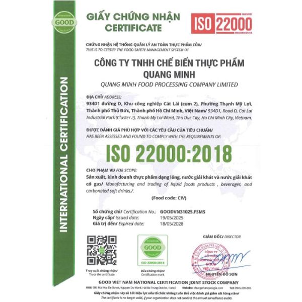 Chứng nhận ISO 22000:2018 - Nước Giải Khát Quang Minh - Công Ty TNHH Chế Biến Thực Phẩm Quang Minh