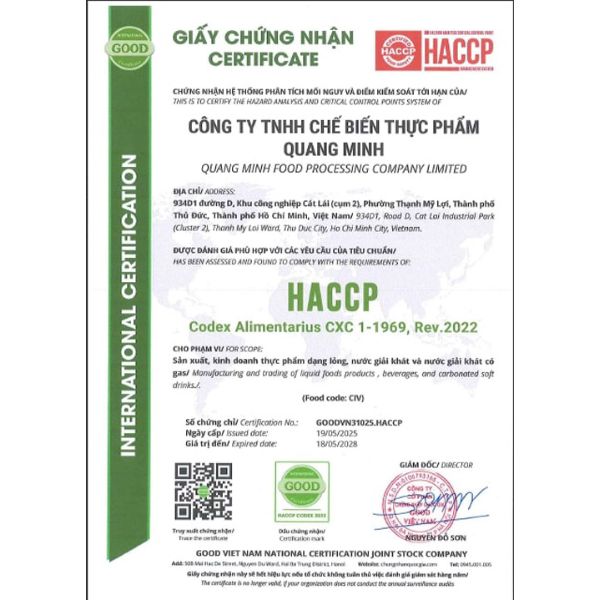 Chứng nhận HACCP - Nước Giải Khát Quang Minh - Công Ty TNHH Chế Biến Thực Phẩm Quang Minh