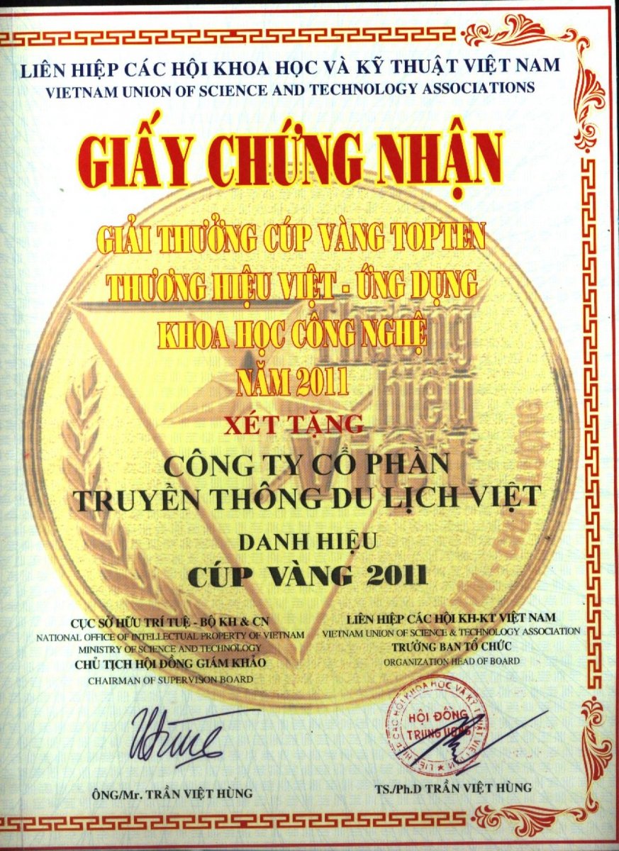 Giấy chứng nhận Thương Hiệu Việt 2011 - Du Lịch Việt - Công Ty Cổ Phần Truyền Thông Du Lịch Việt