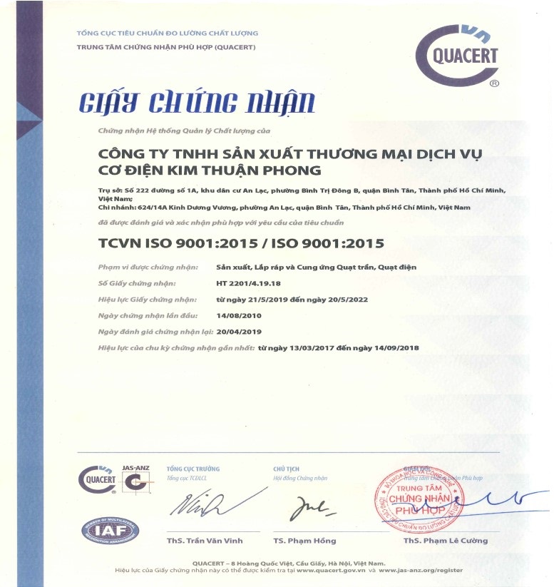 Chứng nhận - Quạt Điện Kim Thuận Phong - Công Ty TNHH Sản Xuất Thương Mại Dịch Vụ Cơ Điện Kim Thuận Phong