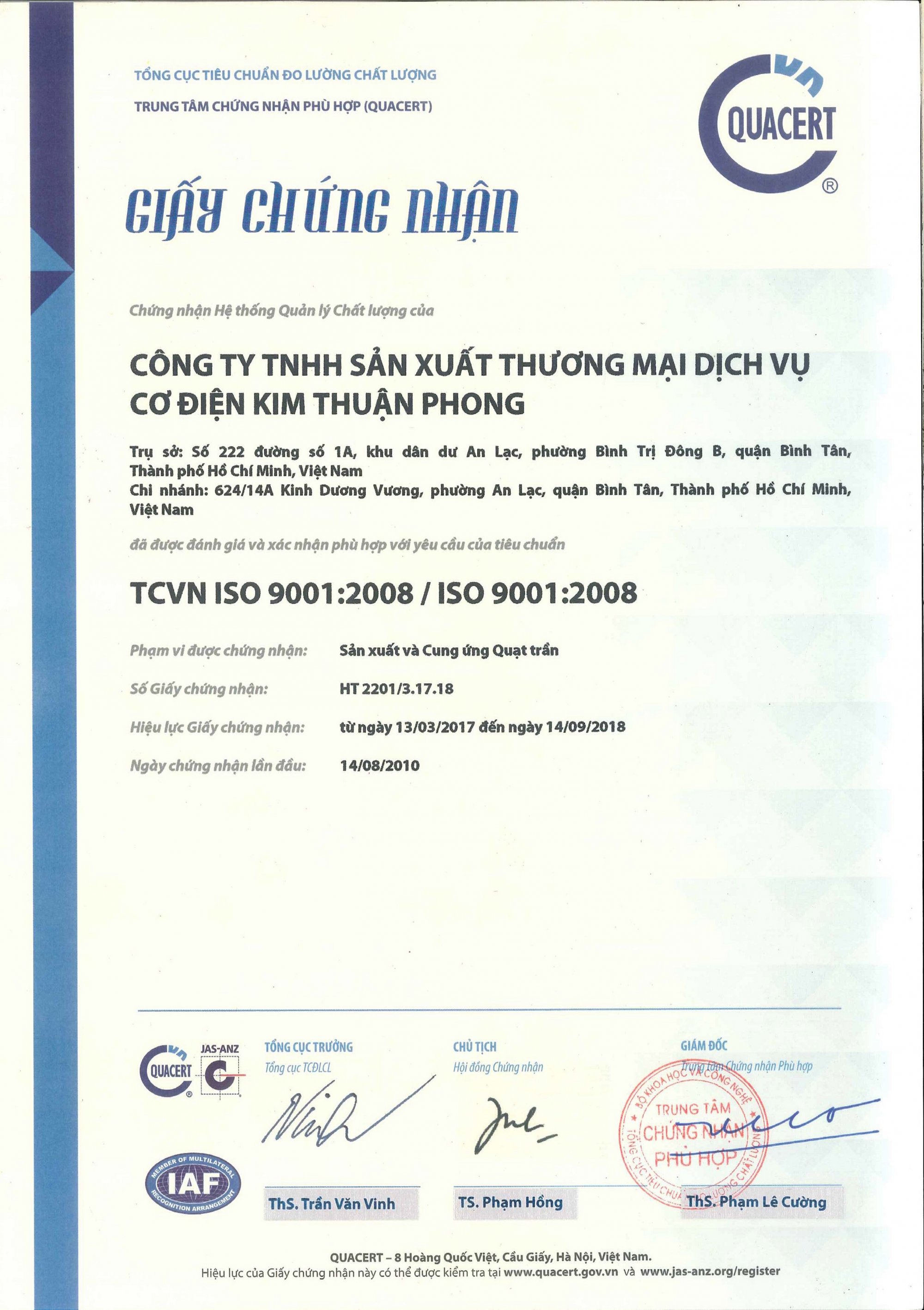 Chứng nhận - Quạt Điện Kim Thuận Phong - Công Ty TNHH Sản Xuất Thương Mại Dịch Vụ Cơ Điện Kim Thuận Phong