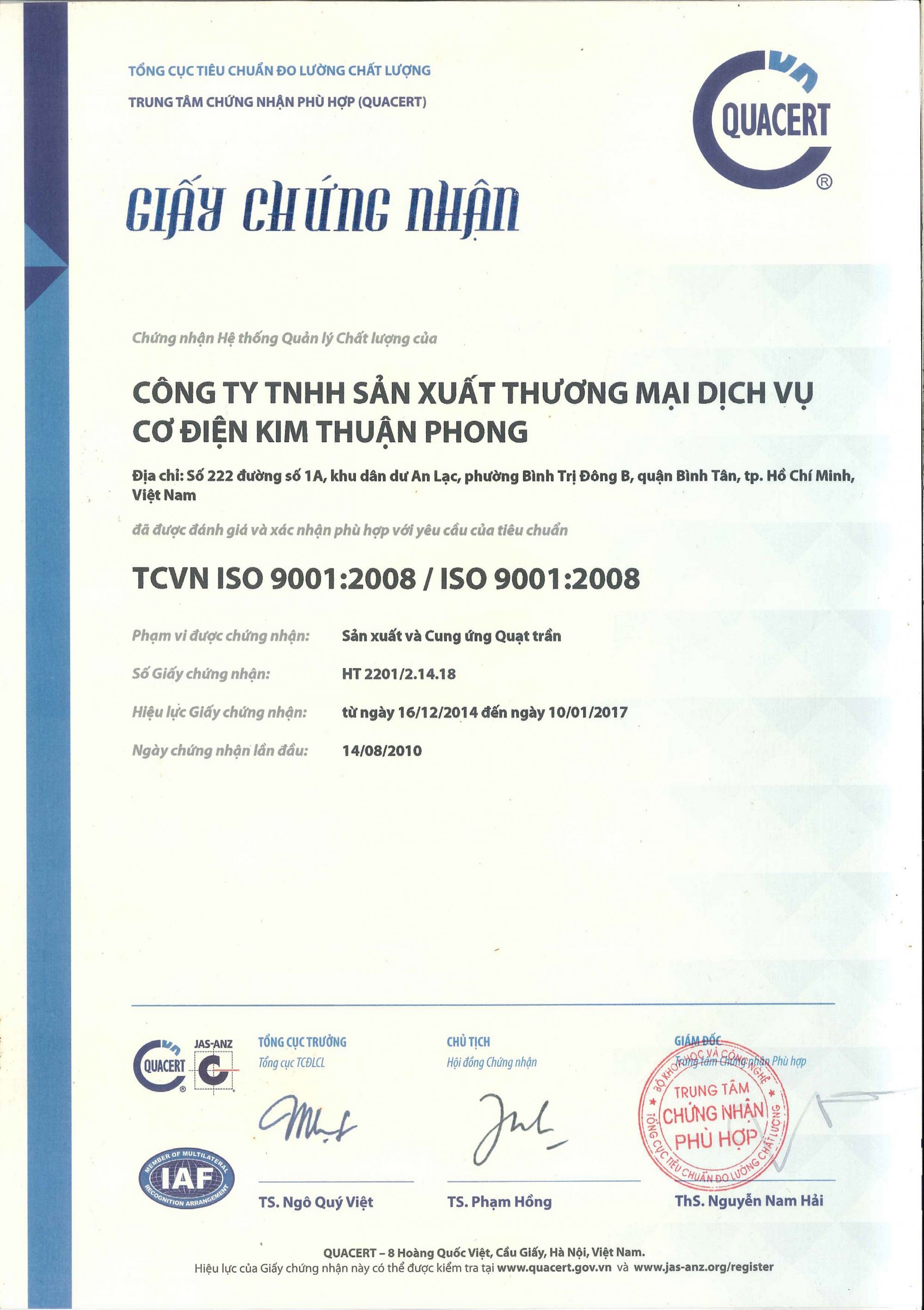 Chứng nhận - Quạt Điện Kim Thuận Phong - Công Ty TNHH Sản Xuất Thương Mại Dịch Vụ Cơ Điện Kim Thuận Phong