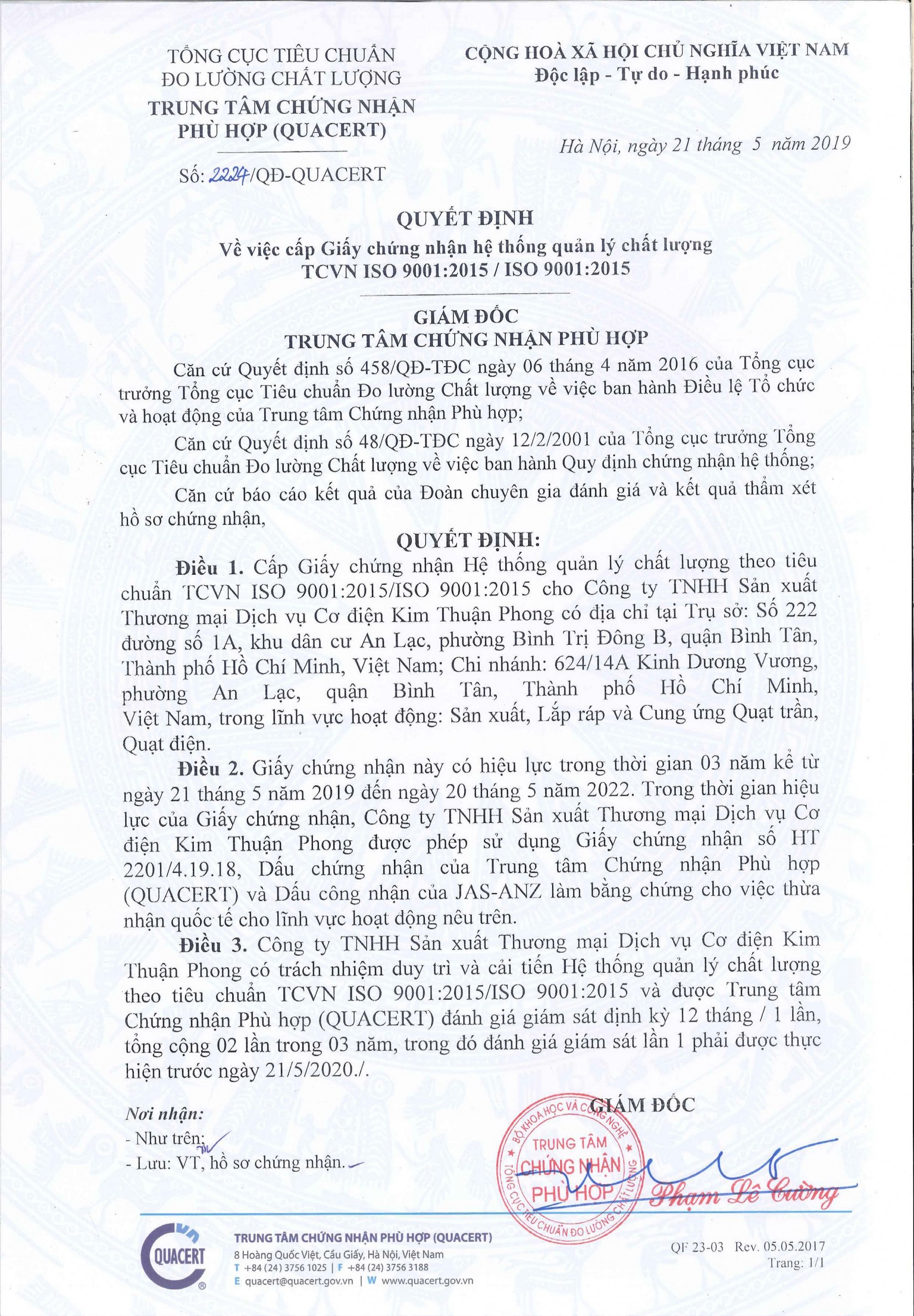 Chứng nhận - Quạt Điện Kim Thuận Phong - Công Ty TNHH Sản Xuất Thương Mại Dịch Vụ Cơ Điện Kim Thuận Phong