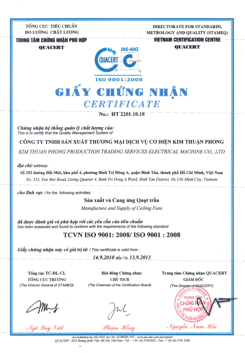 Chứng nhận - Quạt Điện Kim Thuận Phong - Công Ty TNHH Sản Xuất Thương Mại Dịch Vụ Cơ Điện Kim Thuận Phong