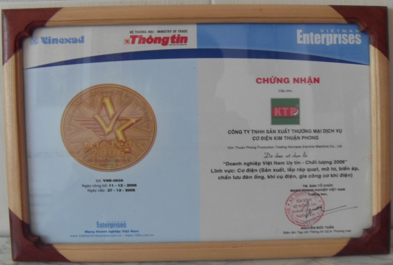 Chứng nhận - Quạt Điện Kim Thuận Phong - Công Ty TNHH Sản Xuất Thương Mại Dịch Vụ Cơ Điện Kim Thuận Phong