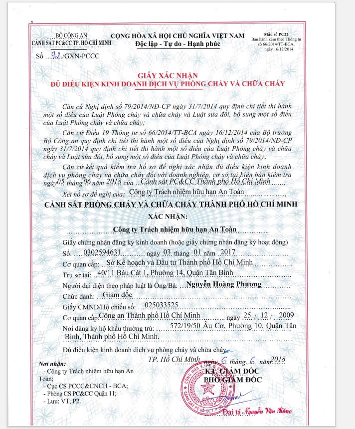 Chứng nhận đủ điều kiện kinh doanh PCCC - Phòng Cháy Chữa Cháy An Toàn - Công Ty TNHH An Toàn