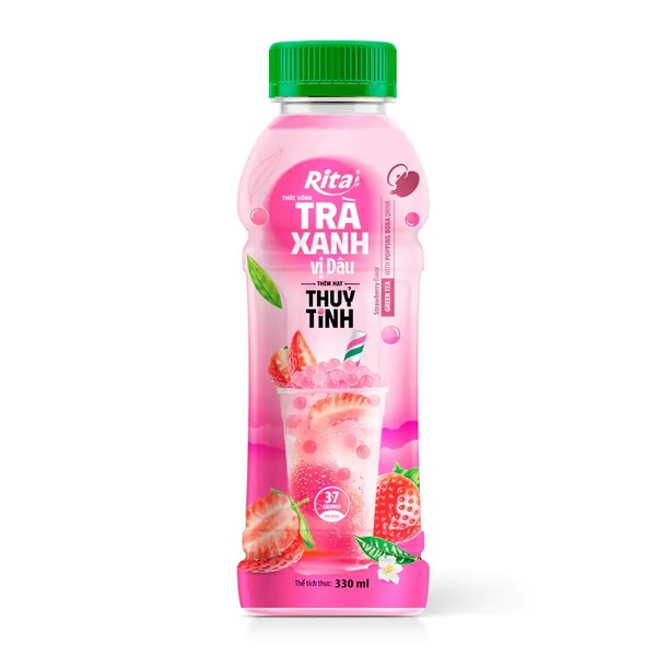 Trà xanh vị dâu cùng hạt thuỷ tinh, hạt nổ dâu