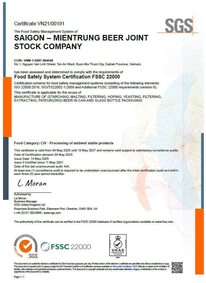 Chứng nhận an toàn thực phẩm FSSC 22000 - Nước Giải Khát Bia Sài Gòn - Miền Trung - Công Ty CP Bia Sài Gòn - Miền Trung