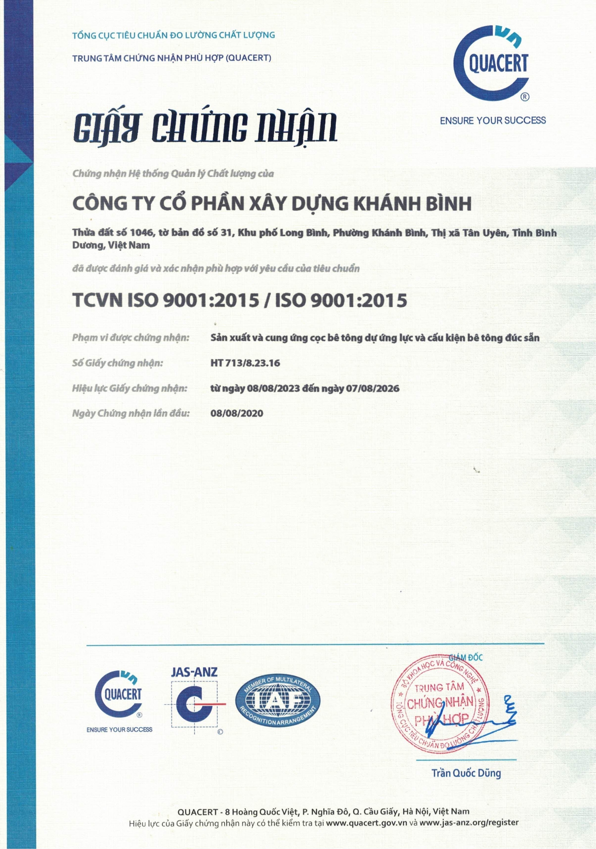 Chứng nhận - Công Ty Cổ Phần Xây Dựng Khánh Bình