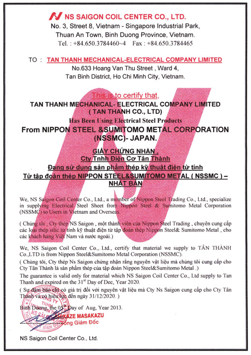 Chứng nhận nguyên vật liệu từ Nippon - Máy Hàn Tân Thành - Công Ty TNHH Điện Cơ Tân Thành