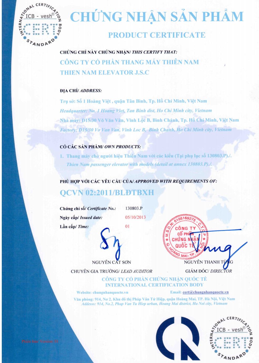 Chứng nhận sản phẩm hợp quy - Thang Máy Thiên Nam - Công Ty Cổ Phần Thang Máy Thiên Nam
