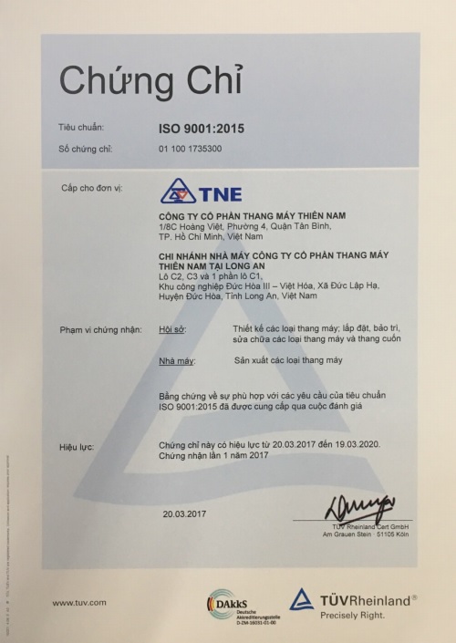 Chứng chỉ ISO 9001:2015 - Thang Máy Thiên Nam - Công Ty Cổ Phần Thang Máy Thiên Nam