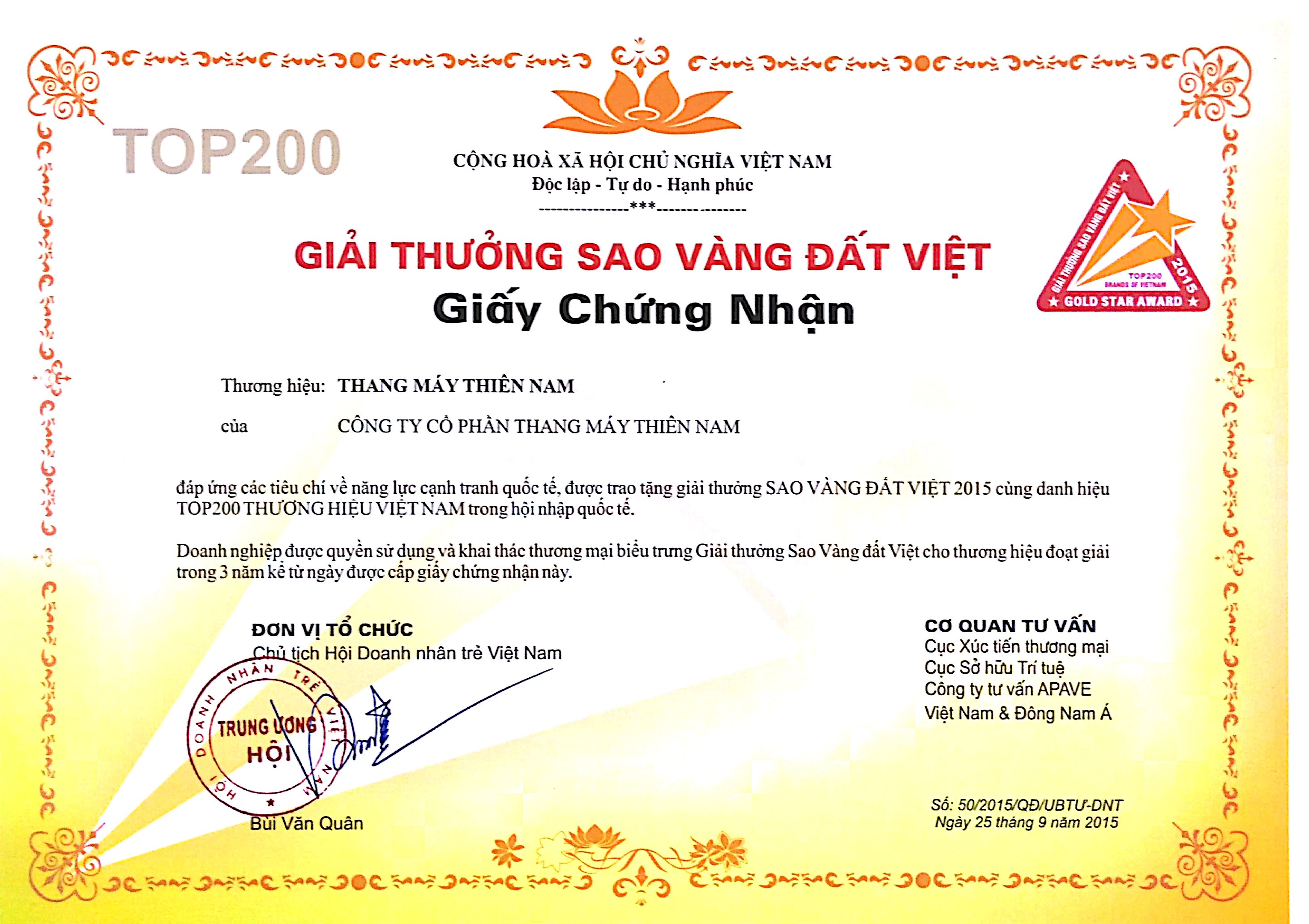 Giải thưởng Sao Vàng Đất Việt 2015 - Thang Máy Thiên Nam - Công Ty Cổ Phần Thang Máy Thiên Nam