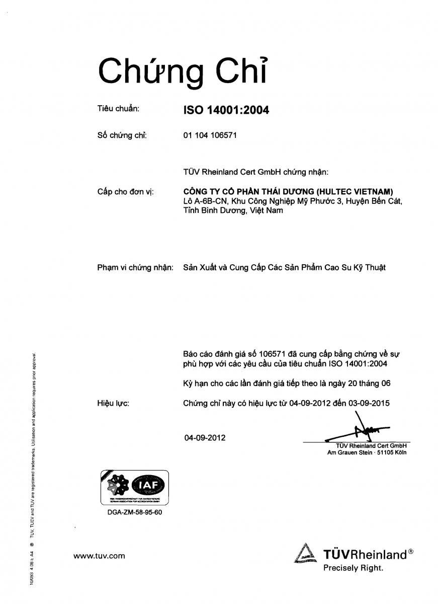 Chứng chỉ ISO14001 - Cao Su Thái Dương - Công Ty CP Cao Su Thái Dương