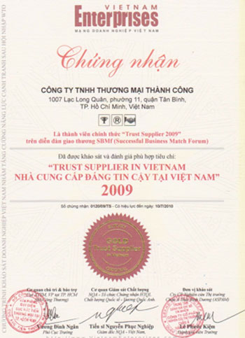 Giấy chứng nhận 2009 - Vải Dệt Kim Thành Công - Công Ty TNHH Sản Xuất Thương Mại Và Đầu Tư Thành Công