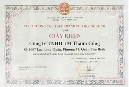 Giấy khen 2007 - Vải Dệt Kim Thành Công - Công Ty TNHH Sản Xuất Thương Mại Và Đầu Tư Thành Công