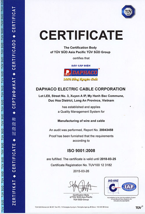 GCN ISO - Dây Cáp Điện DAPHACO - Công Ty Cổ Phần Dây Cáp Điện DAPHACO