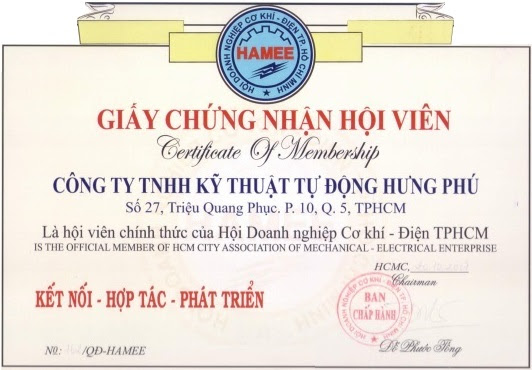 Giấy chứng nhận hội viên - Tự Động Hóa Hưng Phú - Công Ty TNHH Kỹ Thuật Tự Động Hưng Phú