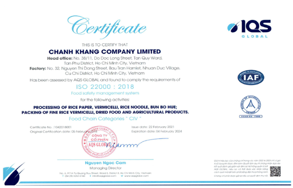 Chứng chỉ, chứng nhận - Thực Phẩm Khô Chánh Khang - Công Ty TNHH Chánh Khang