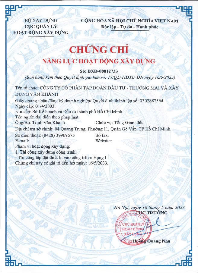Chứng chỉ - Công Ty Cổ Phần Tập Đoàn Đầu Tư - Thương Mại Và Xây Dựng Vân Khánh