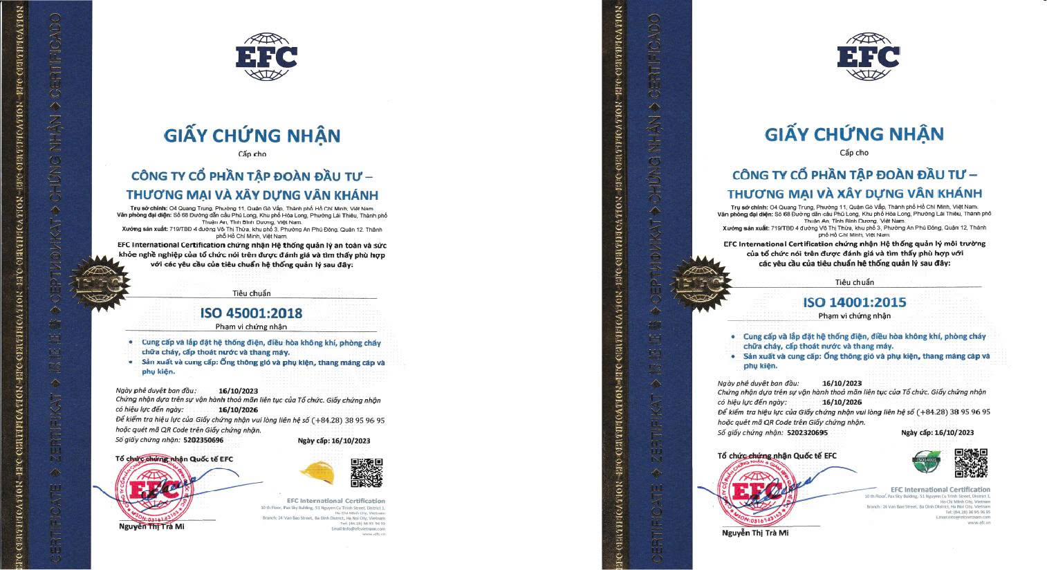 Chứng chỉ - Công Ty Cổ Phần Tập Đoàn Đầu Tư - Thương Mại Và Xây Dựng Vân Khánh