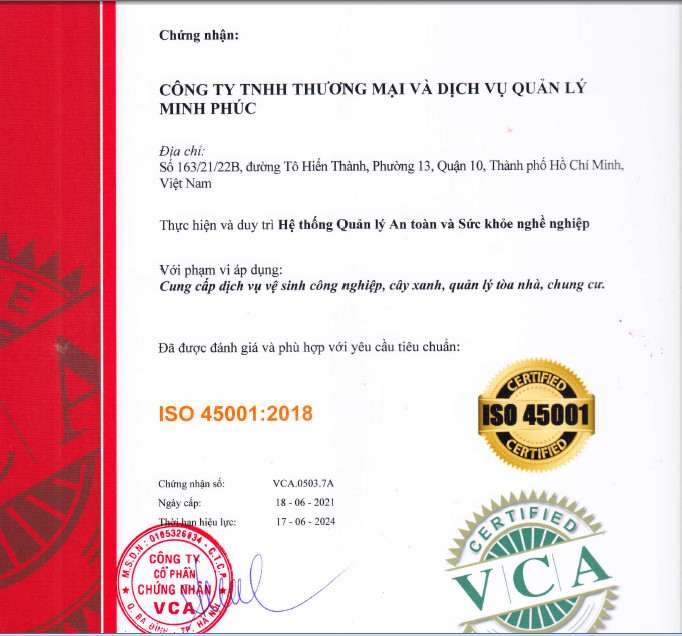 ISO 45001:2018 - Vệ Sinh Công Nghiệp Minh Phúc - Công Ty TNHH Thương Mại Và Dịch Vụ Quản Lý Minh Phúc
