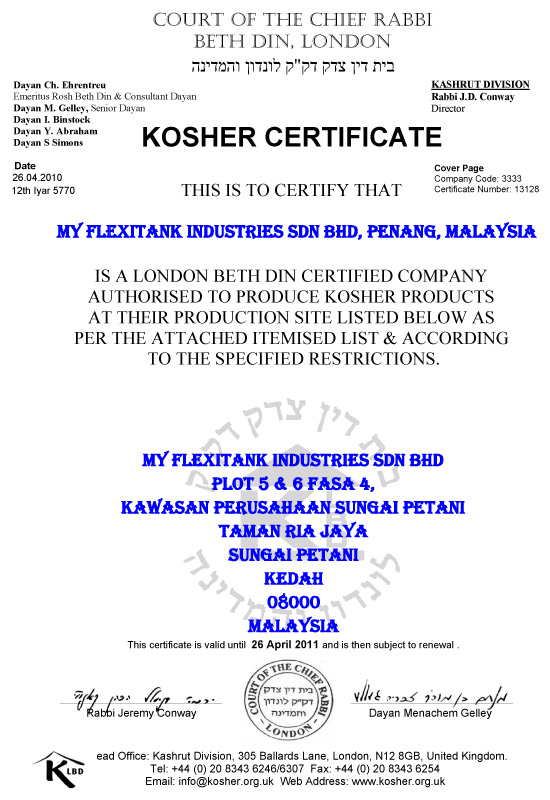 Kosher Certificate - Công Ty TNHH An Sinh An
