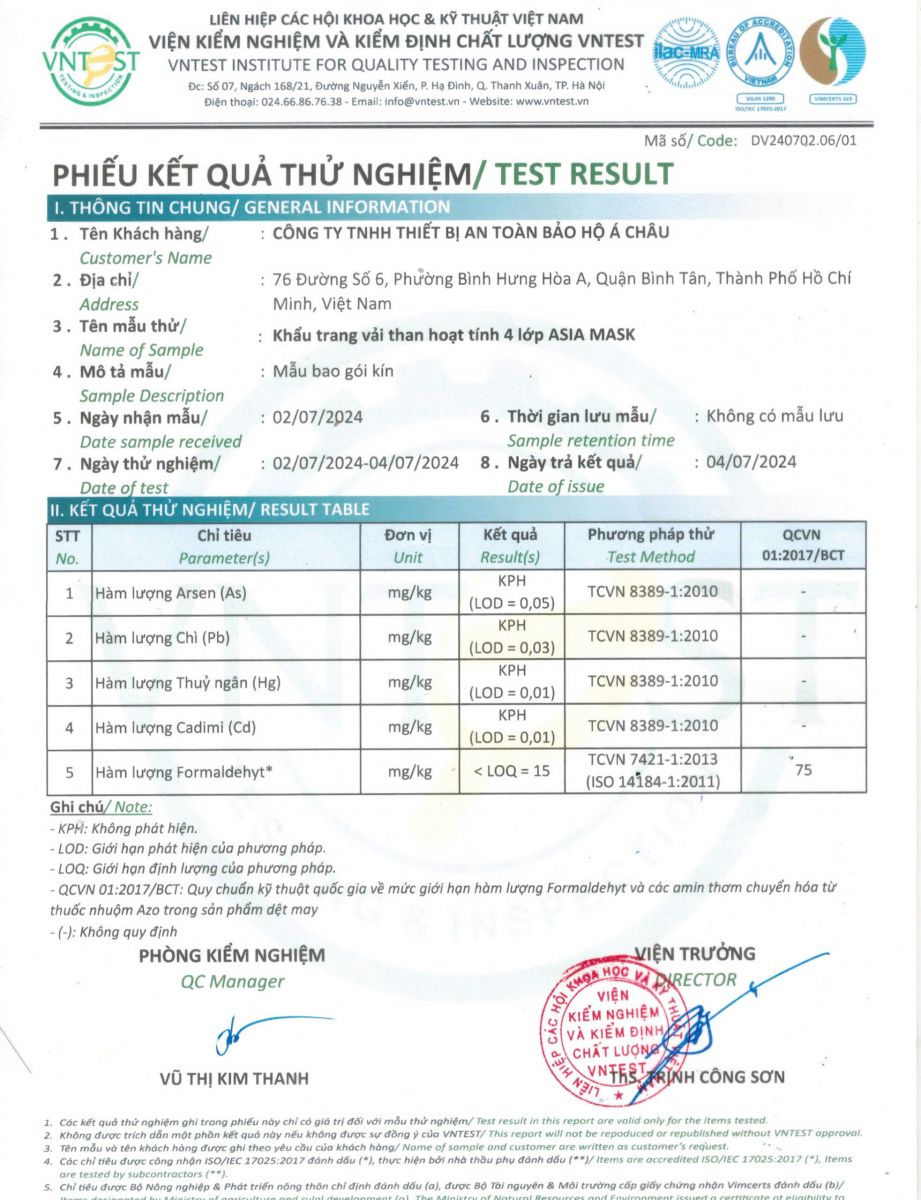 Phiếu kết quả thử nghiệm