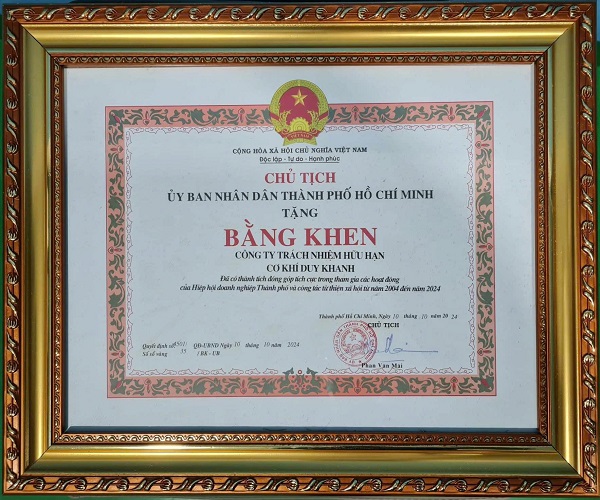 Bằng khen Hiệp hội doanh nghiệp thành phố và công tác từ thiện xã hội 2024
