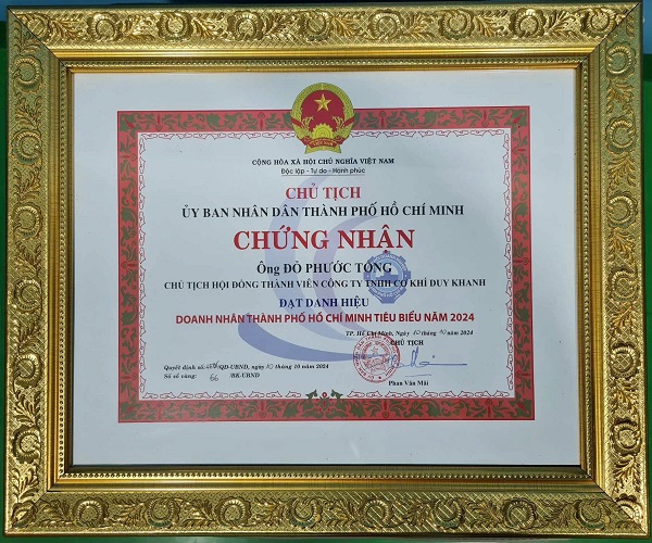 Chứng nhận doanh nhân tiêu biểu TP.HCM 2024