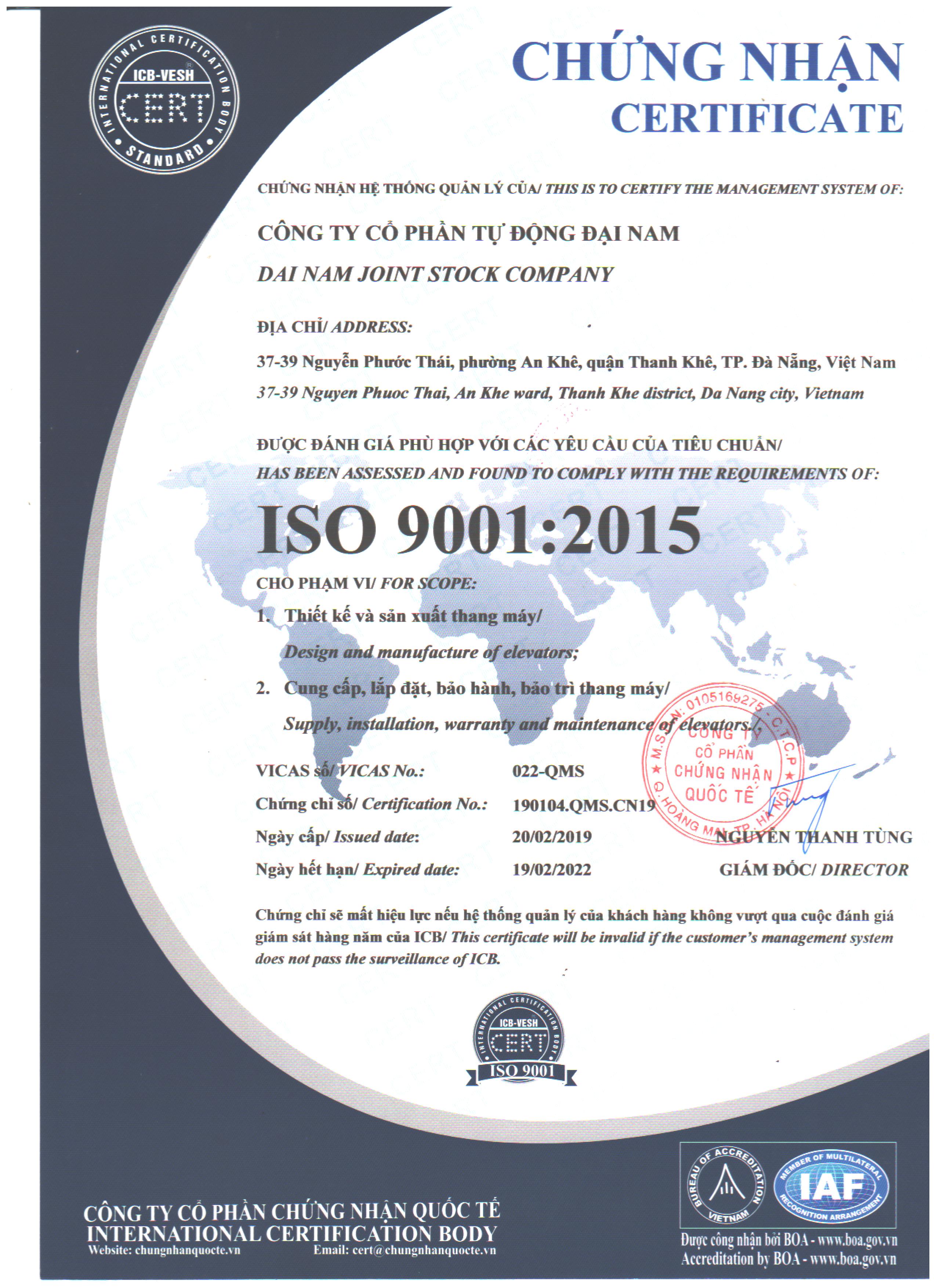 Chứng nhận ISO 2015 - Thang Máy Đại Nam - Công Ty Cổ Phần Tự Động Đại Nam