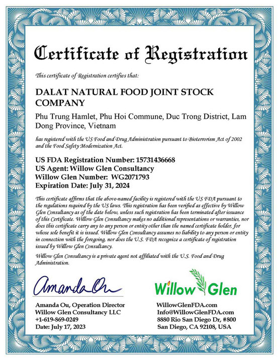FDA - Dalat Natural Foods - Công Ty Cổ Phần Chế Biến Thực Phẩm Đà Lạt Tự Nhiên