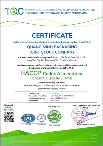 Chứng nhận HACCP - Bao Bì Quang Minh- Công Ty Cổ Phần Bao Bì Quang Minh