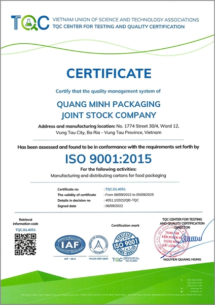 Chứng nhận ISO 9001:2015 - Bao Bì Quang Minh- Công Ty Cổ Phần Bao Bì Quang Minh