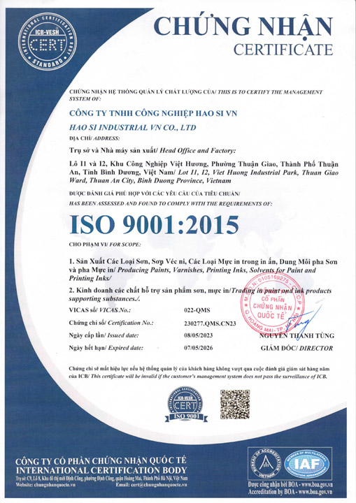 ISO 9001:2015 - Hao Si VN - Công Ty TNHH Công Nghiệp Hao Si VN