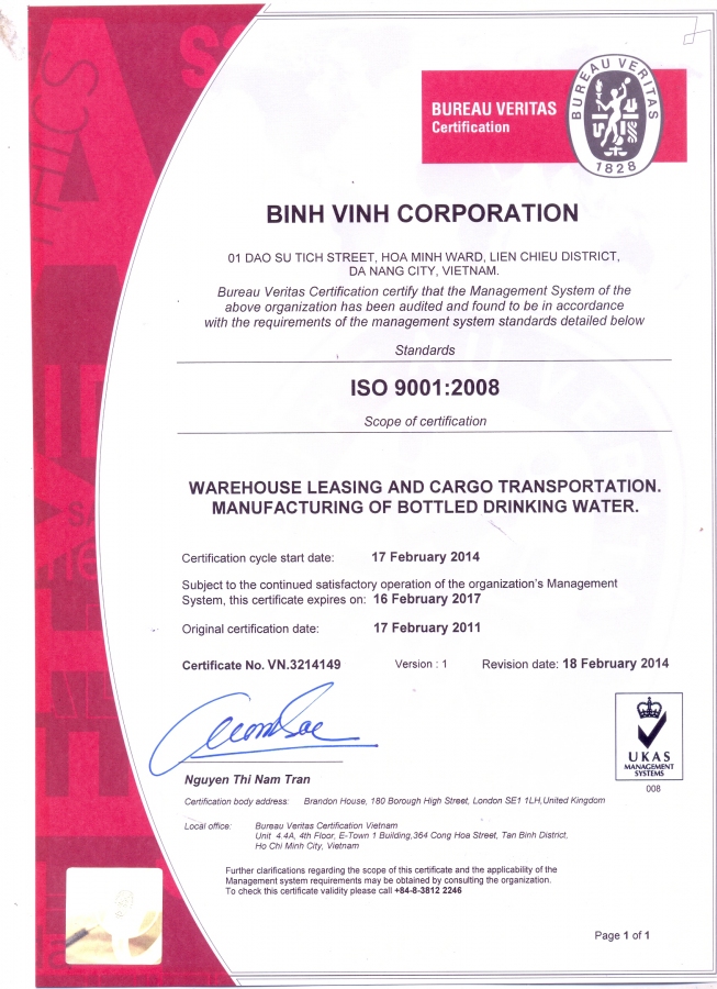 Chứng nhận ISO 9001:2008 - Công Ty Cổ Phần Bình Vinh