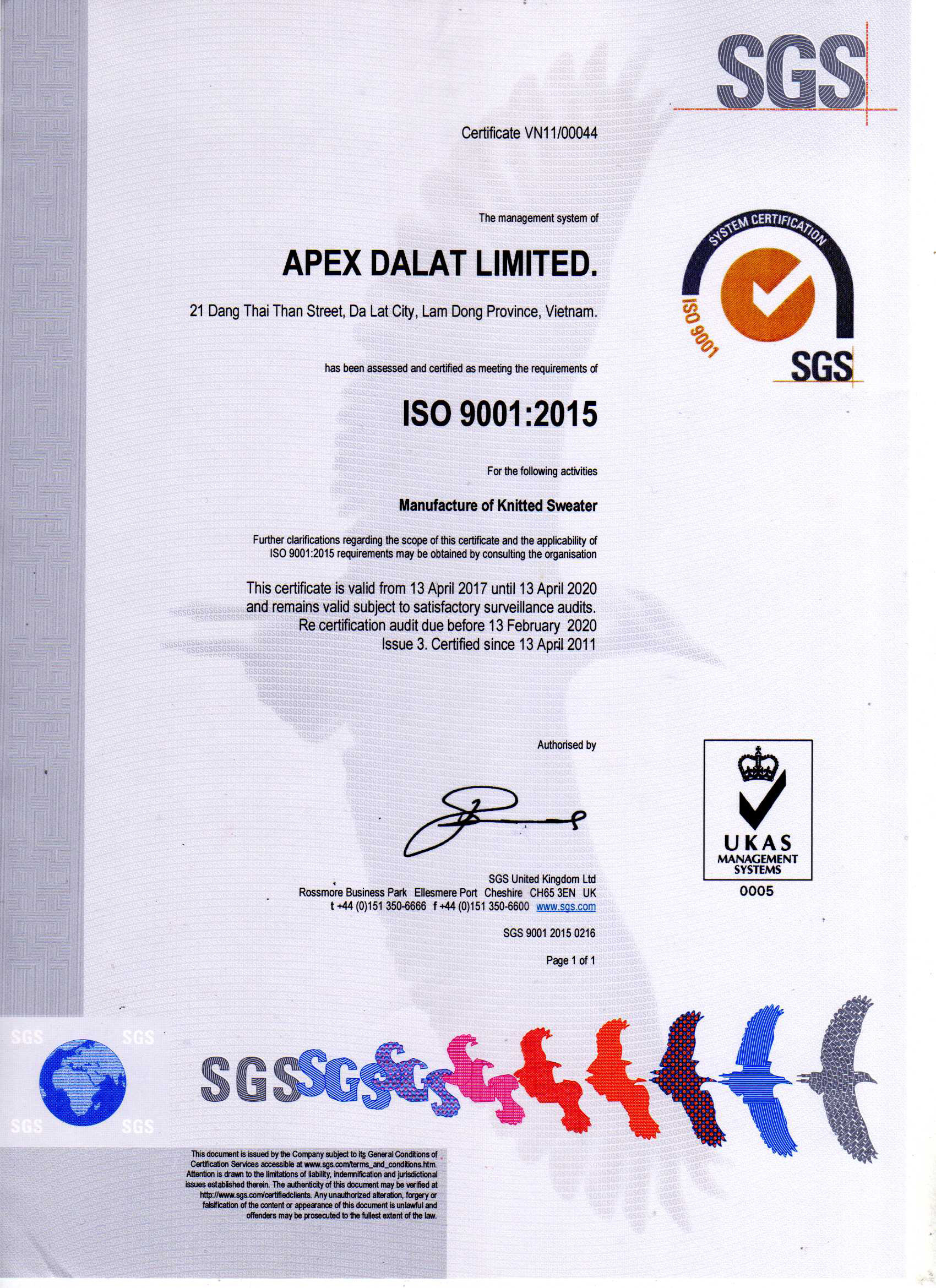 ISO 9001:2015 - Dệt Len Đà Lạt Apex - Công Ty TNHH Đà Lạt Apex
