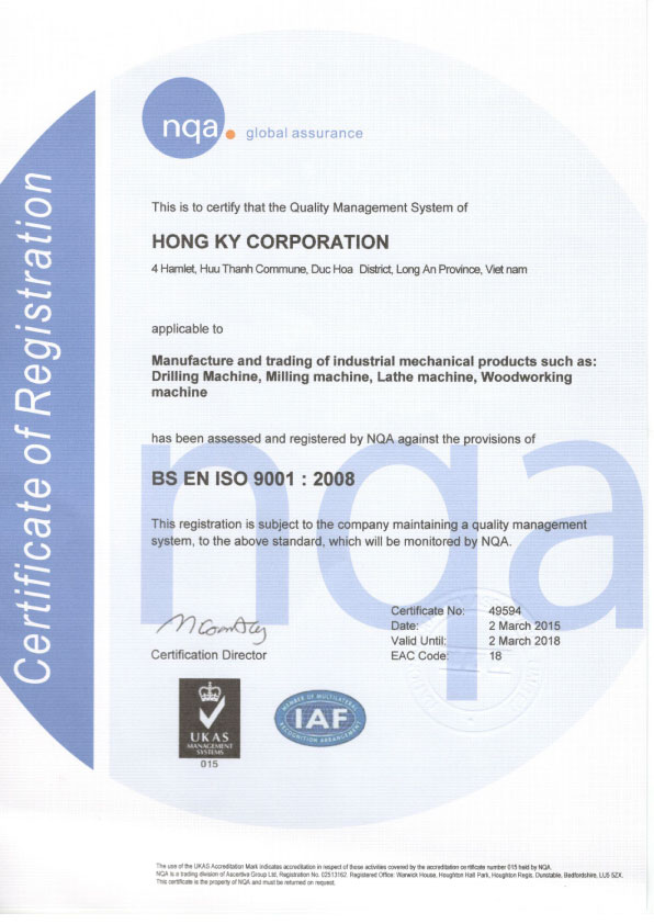 ISO 9001:2008 - Máy Cơ Khí Hồng Ký - Công Ty TNHH Sản Xuất Thương Mại Cơ Khí Hồng Ký