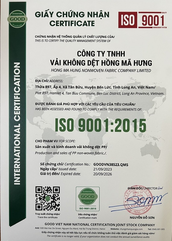 ISO 9001:2015 - Vải Không Dệt Hồng Mã Hưng - Công Ty TNHH Vải Không Dệt Hồng Mã Hưng