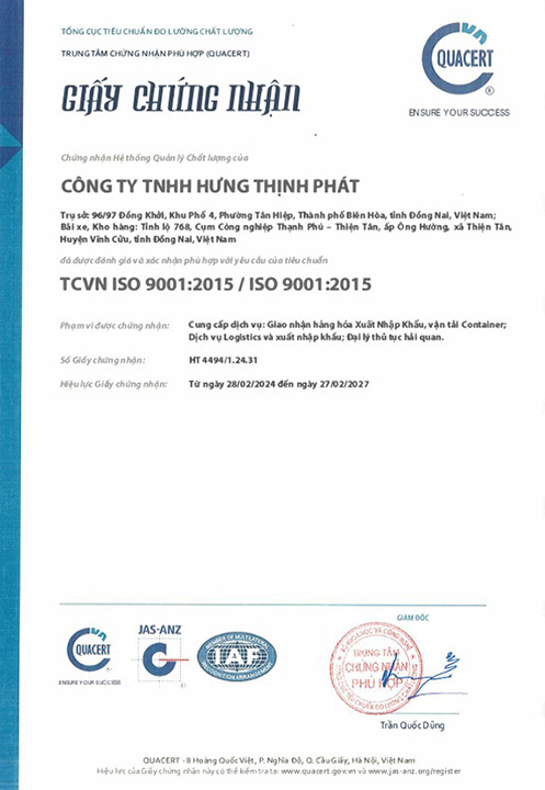 ISO 9001:2015 - Logistics Hưng Thịnh Phát - Công Ty TNHH Hưng Thịnh Phát