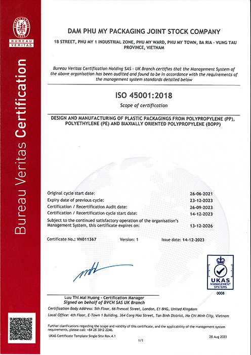 ISO 45001:2018 - Bao Bì Phú Mỹ - Công Ty Cổ Phần Bao Bì Đạm Phú Mỹ