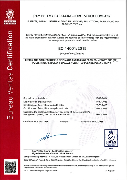 ISO 14001:2015 - Bao Bì Phú Mỹ - Công Ty Cổ Phần Bao Bì Đạm Phú Mỹ