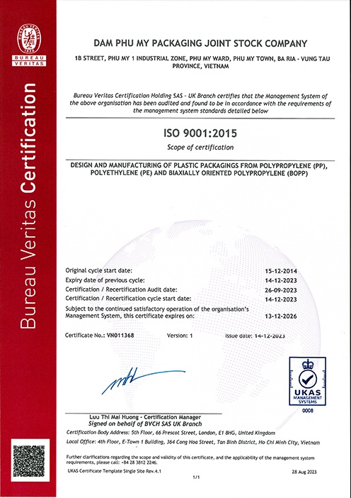 ISO 9001:2015 - Bao Bì Phú Mỹ - Công Ty Cổ Phần Bao Bì Đạm Phú Mỹ