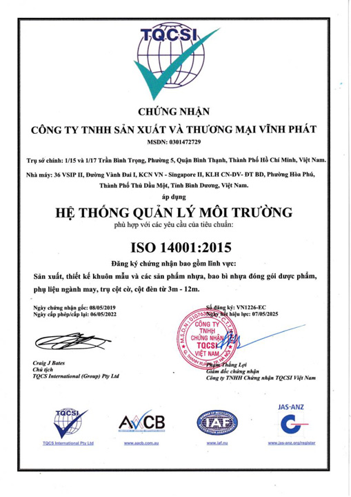 ISO 14001:2015 - Công Ty TNHH Sản Xuất Và Thương Mại Vĩnh Phát - VPCM CO., LTD